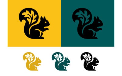 Eichhörnchen-Logo auf gelbem und türkisfarbenem Hintergrund.