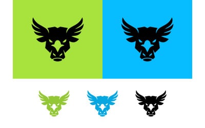 Logo-Design mit geflügeltem Stierkopf in Grün und Blau.