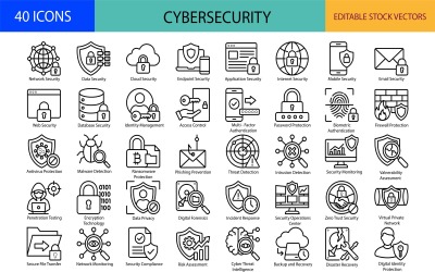 Set di 40 icone stilizzate per la sicurezza informatica e la protezione dei dati, dedicate alla sicurezza di rete e alla privacy digitale.