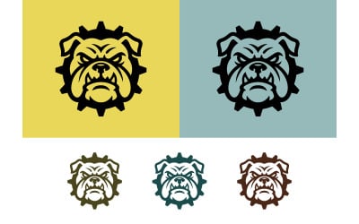 Cara de bulldog rudo con gráfico de corona de engranaje.