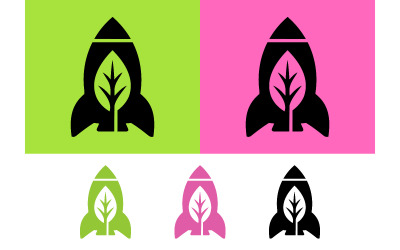 Logoconcept met raketbladmotief in groen, roze en zwart.