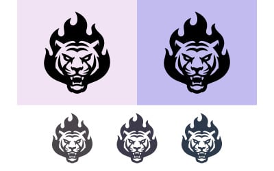Emblema con cara de tigre y llamas sobre fondo lila.