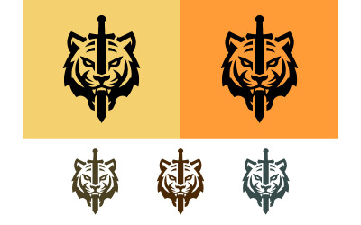 Emblema con cara de tigre y espada sobre fondo amarillo.
