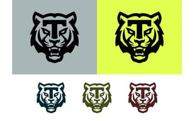 Diseño de logotipo con cabeza de tigre y la letra t.