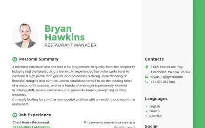 Bryan Hawkins - Restaurant Manager Resume Template