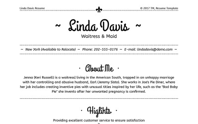 Linda Davis - Kellnerin &amp;amp; Dienstmädchen Lebenslauf Vorlage