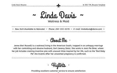 Linda Davis - Waitress &amp; Maid Resume Template