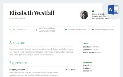 Elizabeth Westfall - Plantilla de curriculum vitae de Content Manager