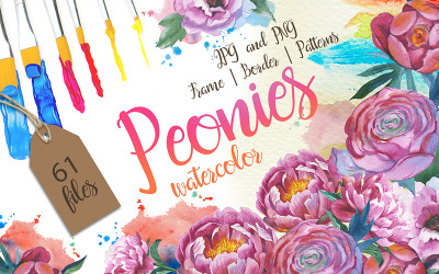 Colorful Peonies JPG Watercolor Flower - Illustration