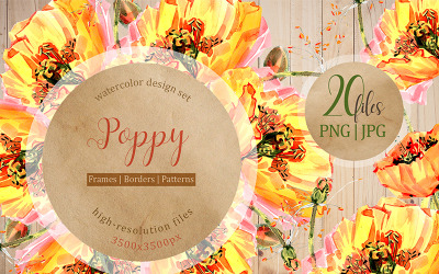 Amapolas Amarillas Frescas PNG Acuarela Set - Ilustración