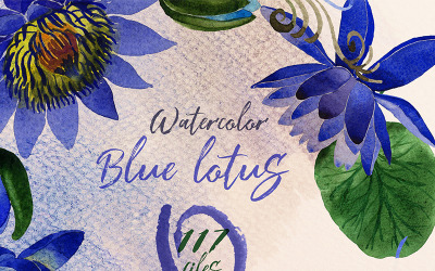 Blauwe Lotus PNG aquarel Set - illustratie
