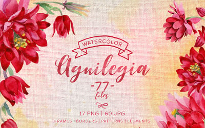Aguilegia Cool Flower PNG Watercolor Set - Illustration