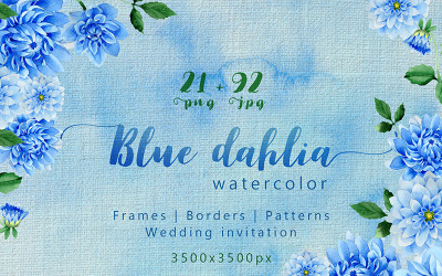Dahlia Bleu Grandes Fleurs PNG Aquarelle Set - Illustration
