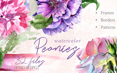 Elegant Peony PNG Watercolor Flower Set - Illustration