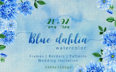 Modré dahlia velké květiny PNG akvarel sada - ilustrace