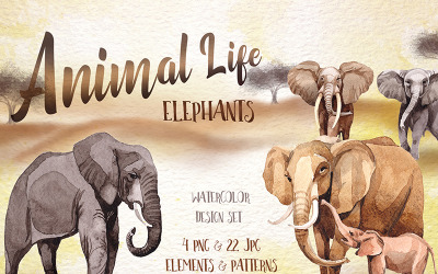 Animal Life Elefantes PNG Acuarela Set - Ilustración