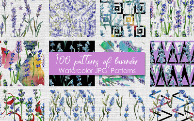 100 Muster der Lavendelblume JPG Aquarell-Set - Illustration