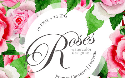 Insieme creativo di disegno dell&amp;#39;acquerello delle rose rosa PNG - illustrazione