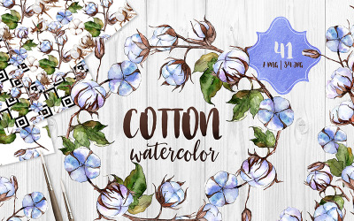 Blue And White Cotton PNG Watercolor Set - Illustration