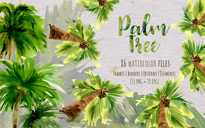 Palmiye Ağacı PNG Sulu Boya Seti - illüstrasyon