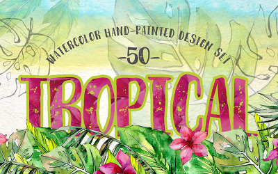Tropikal Yaprak Koleksiyonu PNG Suluboya Seti - illüstrasyon