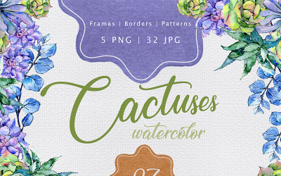 Colorful Cactuses PNG Watercolor Set - Illustration
