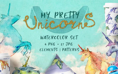 Cute Unicorn Horse PNG Watercolor Collection Set - Illustration