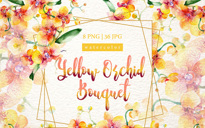 Gelber Orchideenstrauß PNG Aquarell Design Set - Illustration