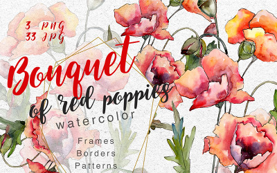 Bouquet of Red Poppies PNG Watercolor Set - Illustration