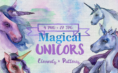 Magical Purple Unicorn PNG Watercolor Set - Illustration