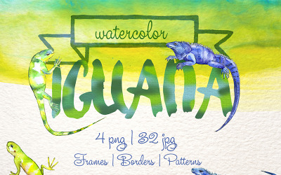 Suluboya PNG Setinde Egzotik Iguana - İllüstrasyon