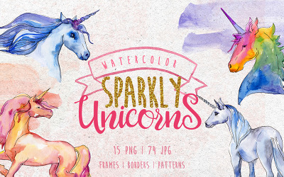 Watercolor Sparkly Unicorns PNG set - Illustration