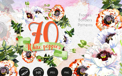 White Poppies PNG Watercolor Set - Illustration