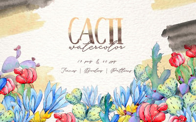 Cool Colorful Cacti PNG Watercolor Set - Illustration