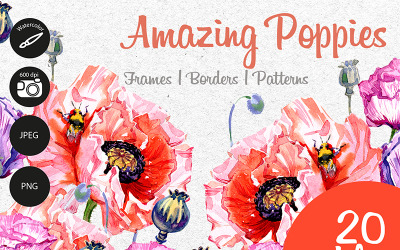 Amazing Poppies PNG Watercolor Set - Illustration