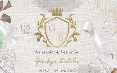 Ginkgo Biloba Acquerello e Vector Set - Illustrazione