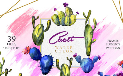 Zöld és kék kaktuszok PNG akvarell készlet - illusztráció