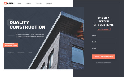 "ARMA - Construction One Page Clean HTML" - адаптивний Шаблон цільової сторінки №76350