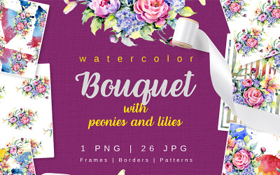 Bouquet com Peônias e Lírios Aquarela png - Ilustração