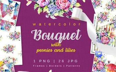 Bouquet with Peonies and Lilies Watercolor png - Illustration