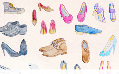44 akvarell sarka, cipő és cipő - illusztráció