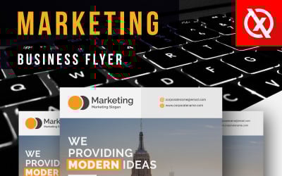 Design del volantino aziendale di marketing con linee nere e arancioni