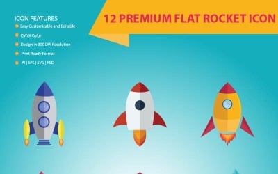 12 Premium Düz Roket Simge Seti
