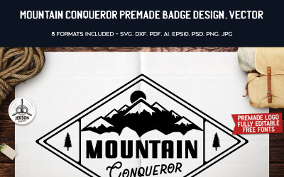Bergveroveraar Premade Badge Design. Vector Logo sjabloon