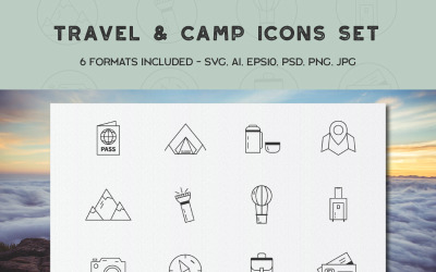 Conjunto de ícones de pacote de camping para viagens