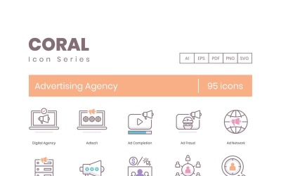 95 ícones de agências de publicidade - conjunto série Coral