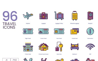 96 icônes de voyage - ensemble de la série lilas