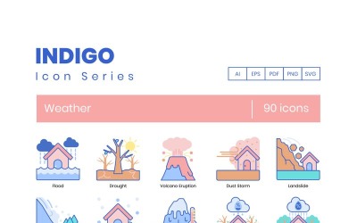 90 ikon počasí - sada série Indigo