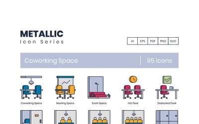 95 przestrzeni coworkingowej - zestaw ikon metalicznych serii