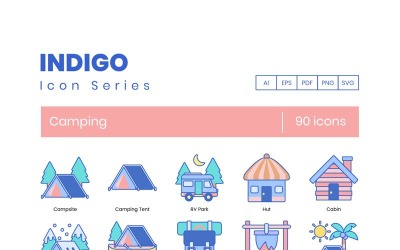 90 ikon kempování - sada série Indigo